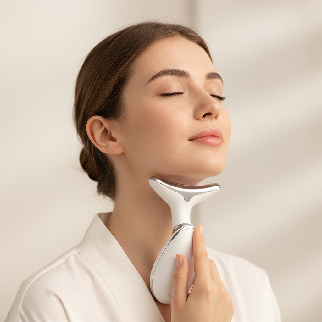 Massageador EMS Térmico para Pescoço — LED Fotônico Anti-Rugas